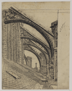 28672 Gezicht op de vensters van de koorlantaarn en het zuidertransept van de Domkerk te Utrecht met het dak van de ...